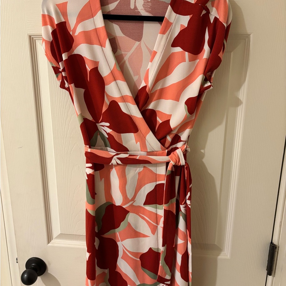 Nine West Coral and Rust Floral Midi Dress Small